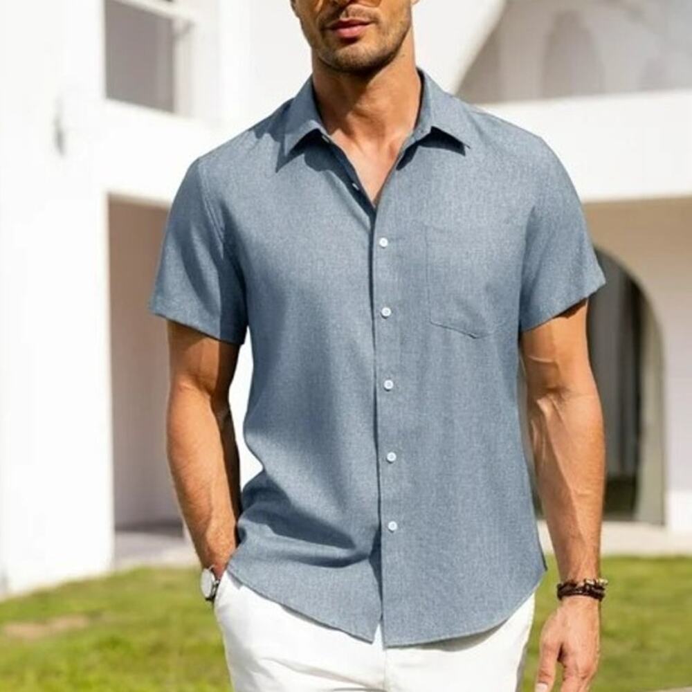 PETER MILLAR Seaside Washed Solid Sport Shirt Silk Cotton L Blue Short Sleeve